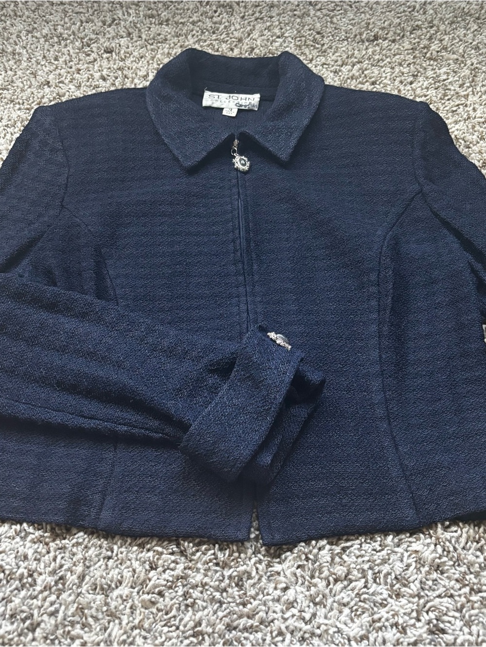 St. John Navy Textured Knit Zip Jacket